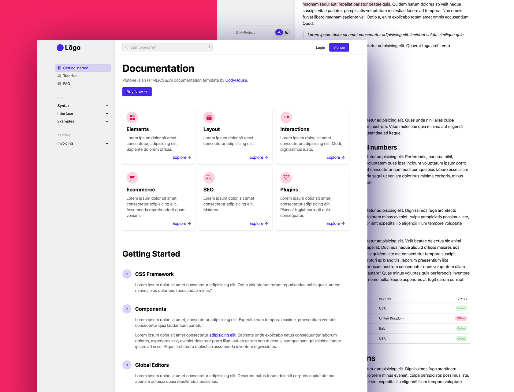Plutone - A premium HTML, CSS, vanilla JS, documentation template created by the CodyHouse team.